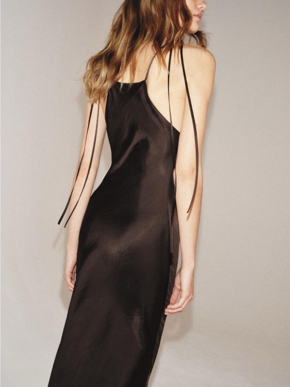 Zara Black Backless Satin Slip Dress with Tie Straps